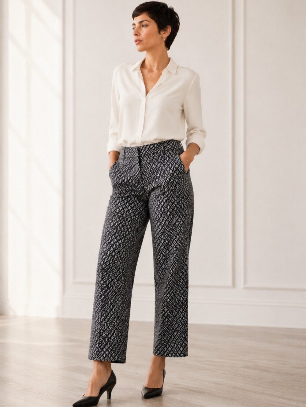 Textured Black & White Wide-Leg Pants